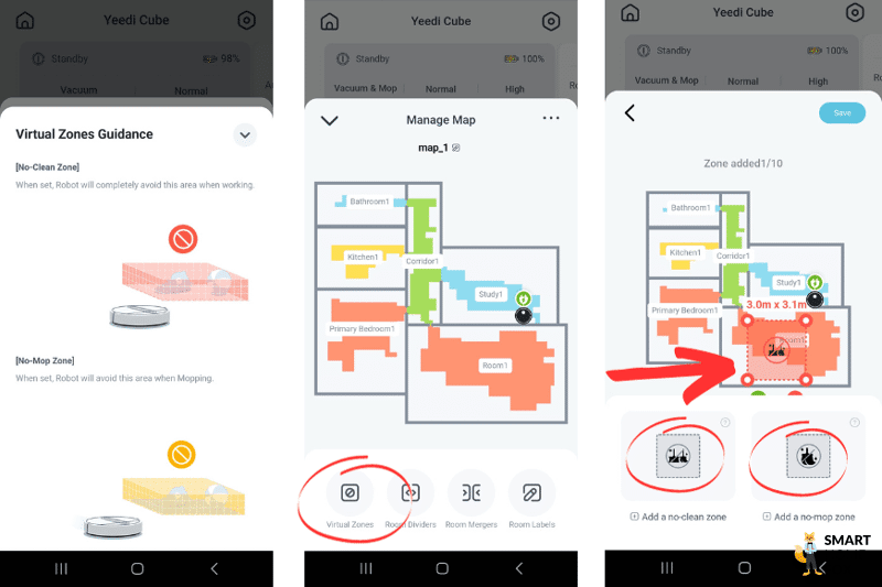 No-Go Zonen bzw. No-Mop-Zonen werden in der Yeedi App festgelegt.